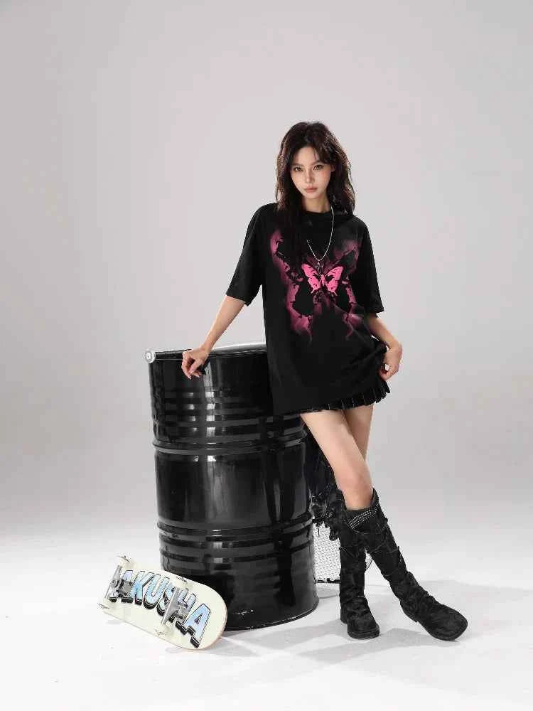 Women Streetwear Butterfly Print Loose Fit T-Shirt