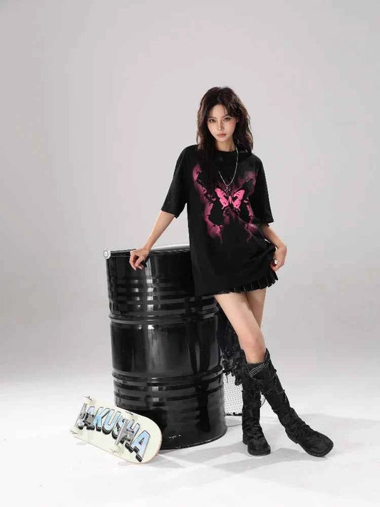 Women Streetwear Butterfly Print Loose Fit T-Shirt