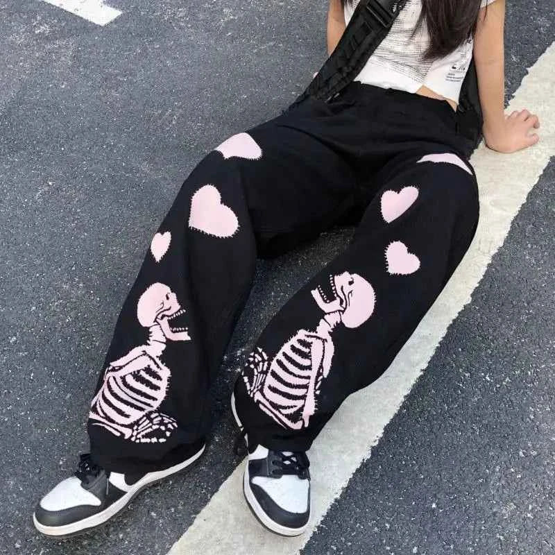 Skulls Print Loose Hearts Wide Leg Pants