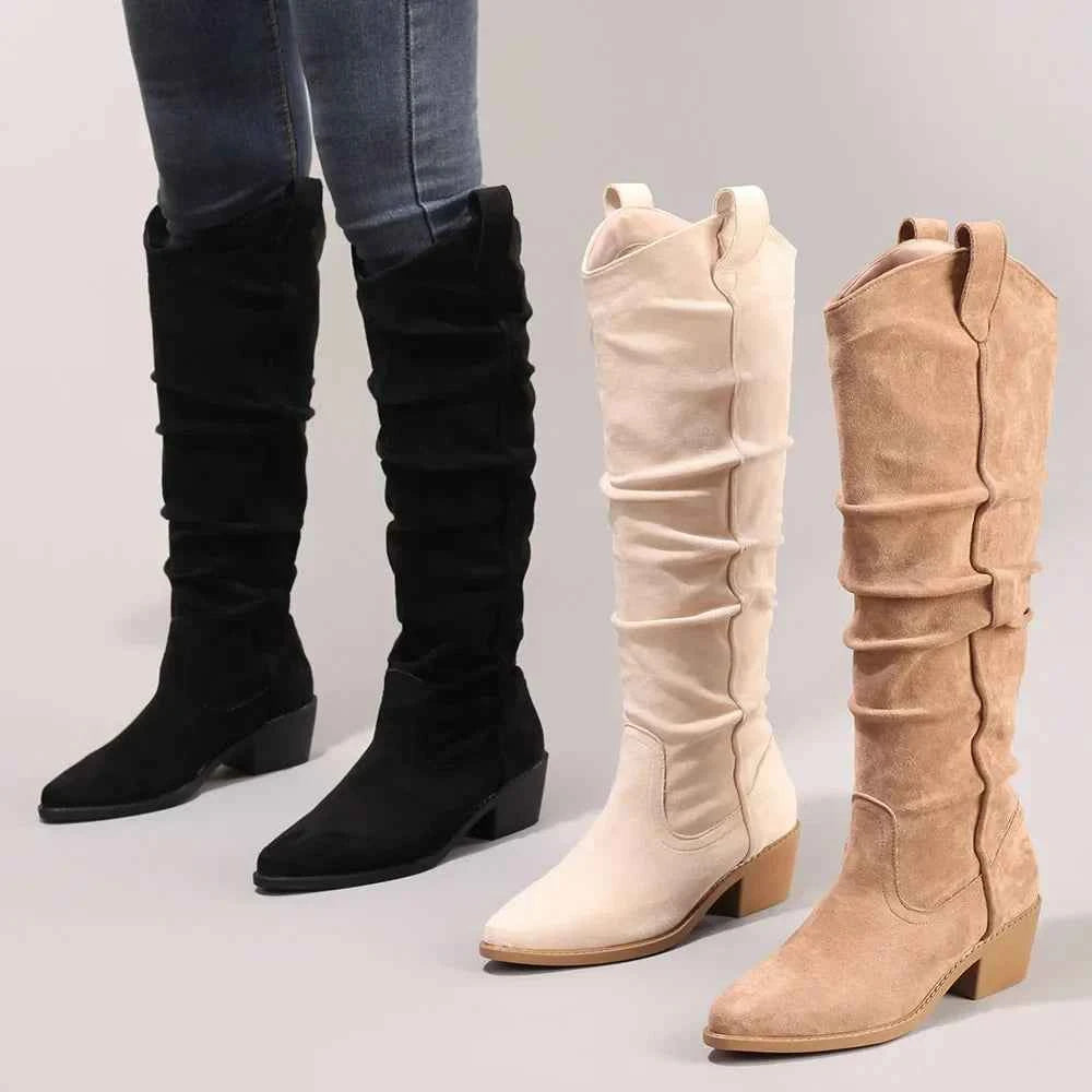 Retro Pleated Western Square Heel Boots