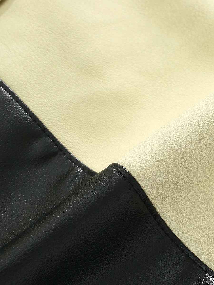 Pleated Contrast Biker Leather Jacket