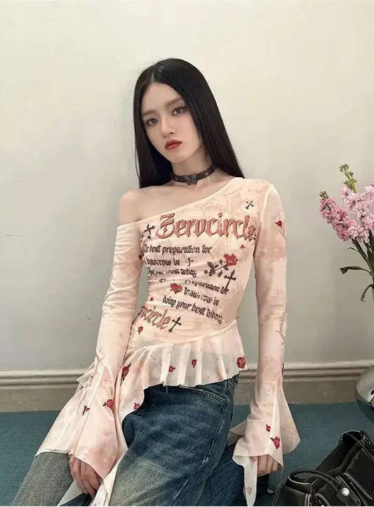 Flare Sleeve Mesh Off Shoulder T-Shirt - Luxuryurbanwear