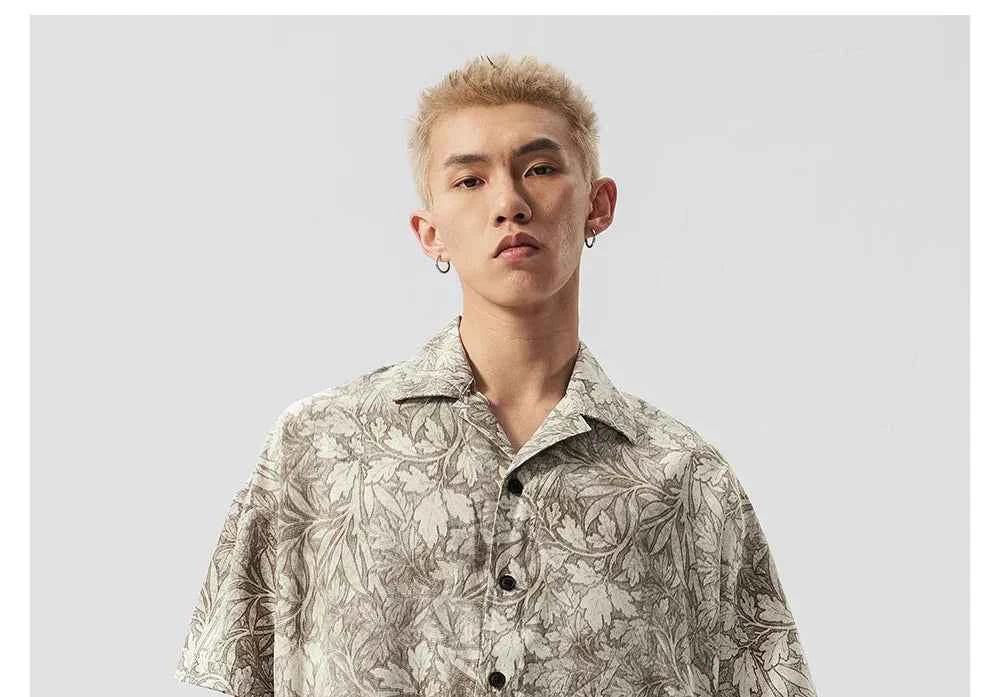Men Korean Style Floral Printed Loose Lapel Shirt