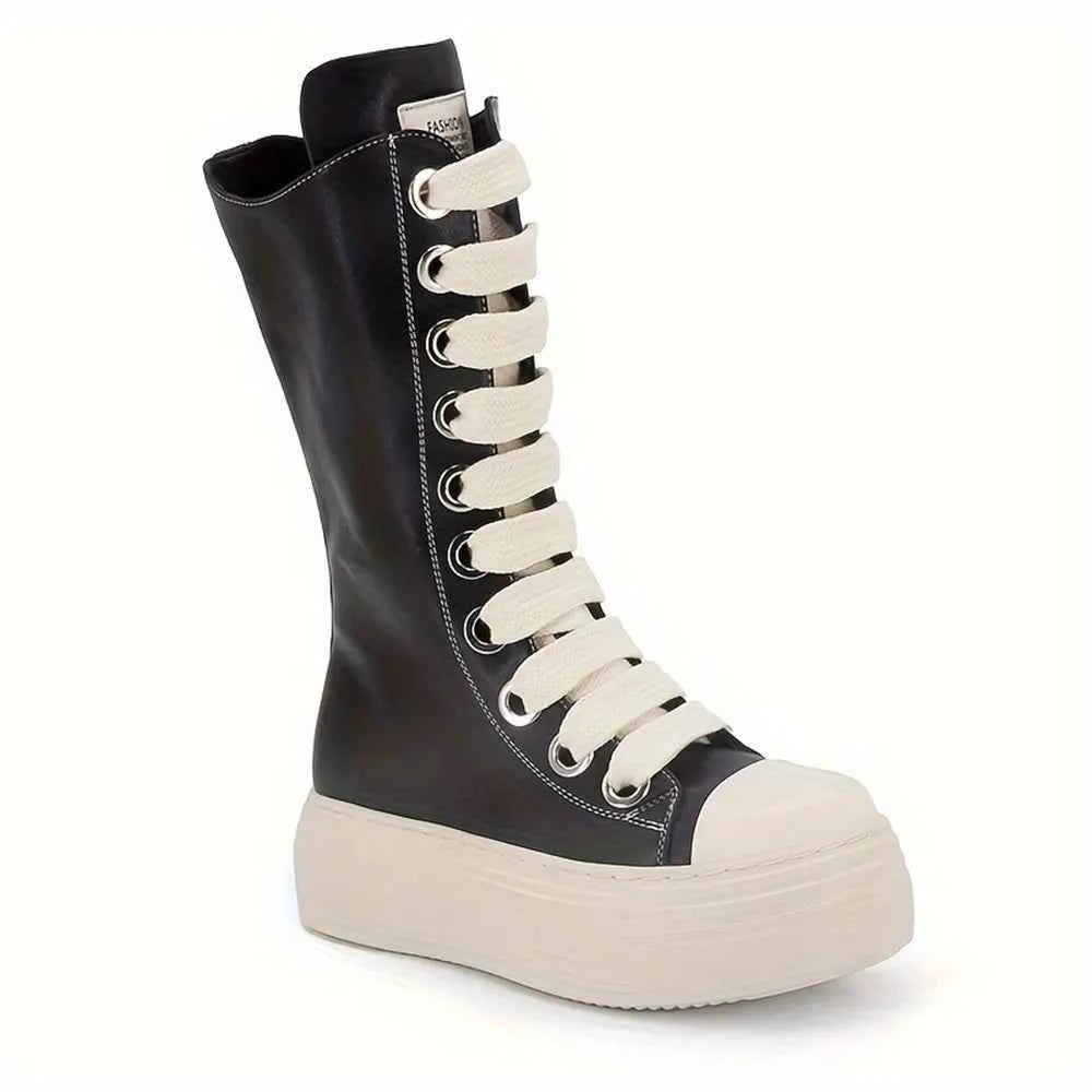 Stylish Zipper And Lace-Up Mid-Calf Boots