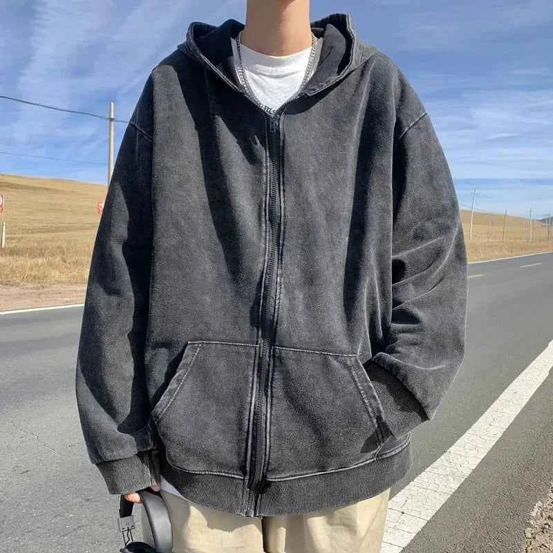 Solid Distressed Washed Zipper Hooded Sweatshirt