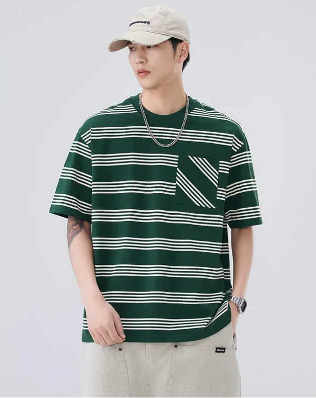 Chic Loose Fit Striped with Front Pocket T-Shirt - Luxuryurbanwear