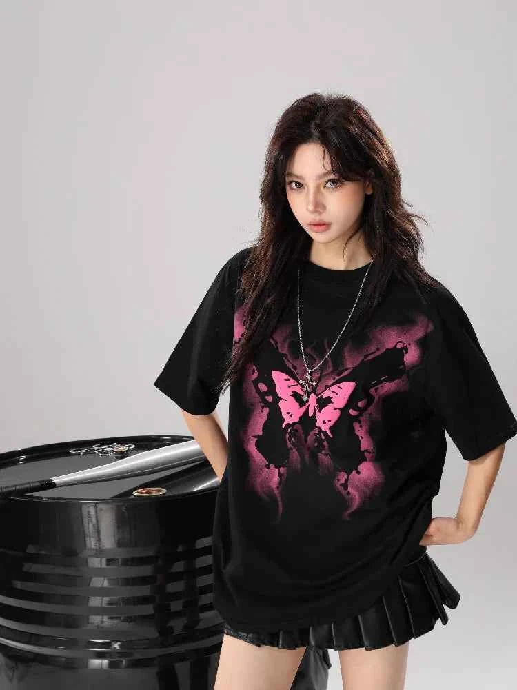 Women Streetwear Butterfly Print Loose Fit T-Shirt