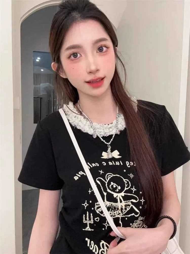 Sweet Cartoon Bear Printed Lace T-Shirt