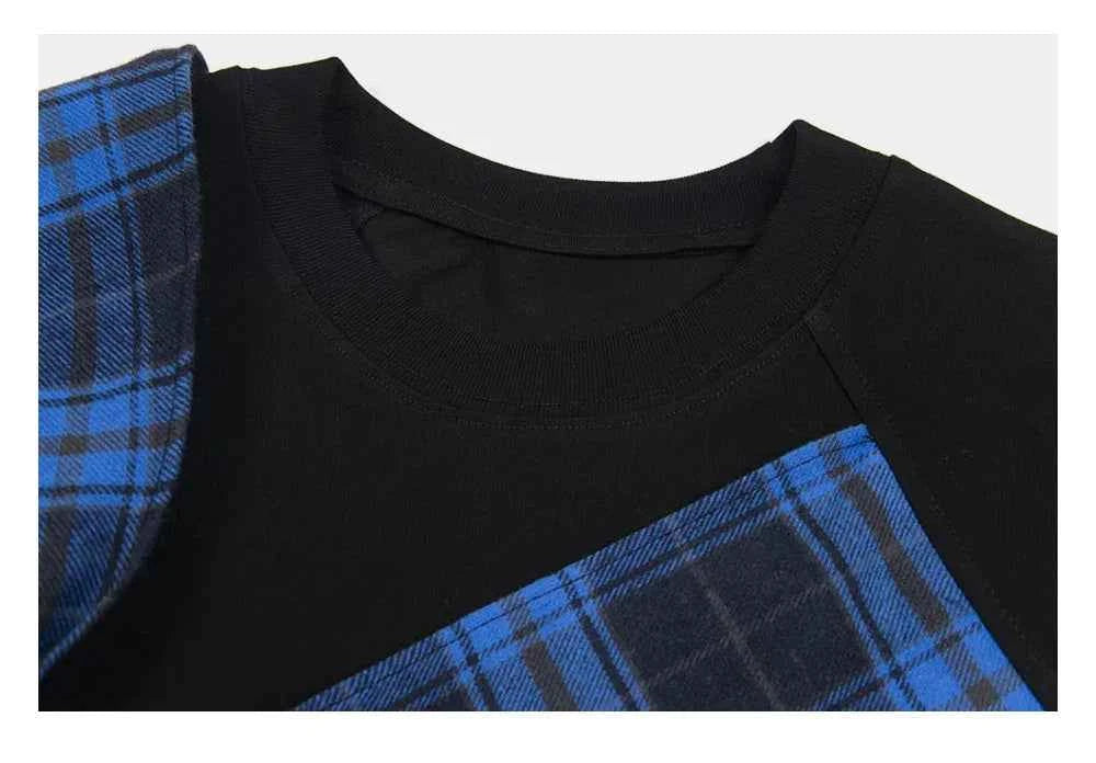 Streetwear Loose Plaid Patchwork Crew Neck T-Shirt