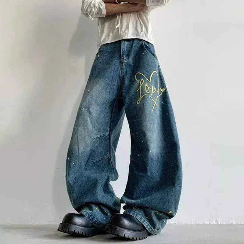 Heart Shaped Embroidery Loose Wide Leg Jeans