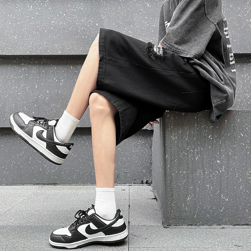 Ripped Hole Patchwork Knee Length Shorts