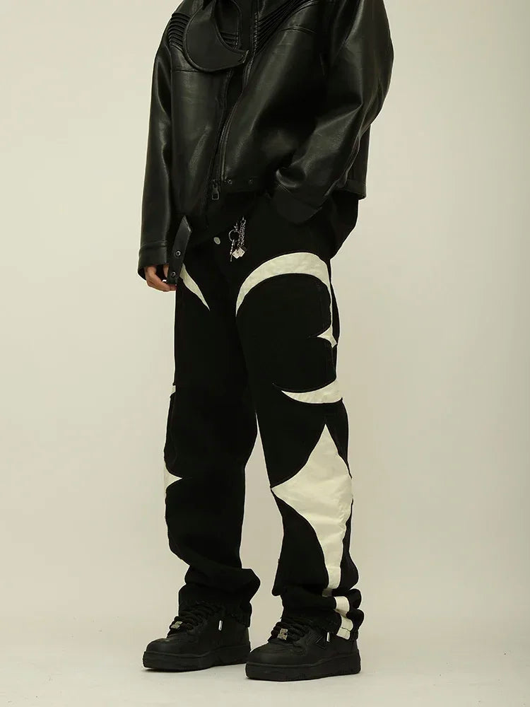 Crescent Embroidery Patchwork Baggy Pants