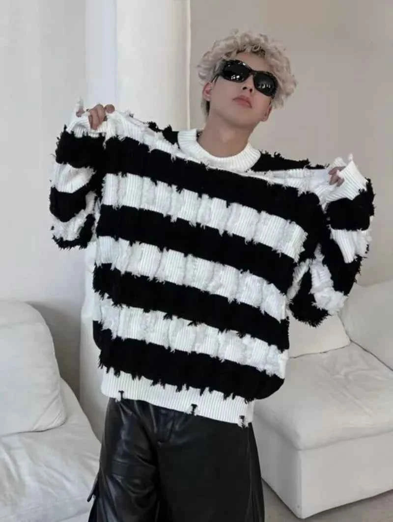 Classic Hairy Striped Round Neck Sweater
