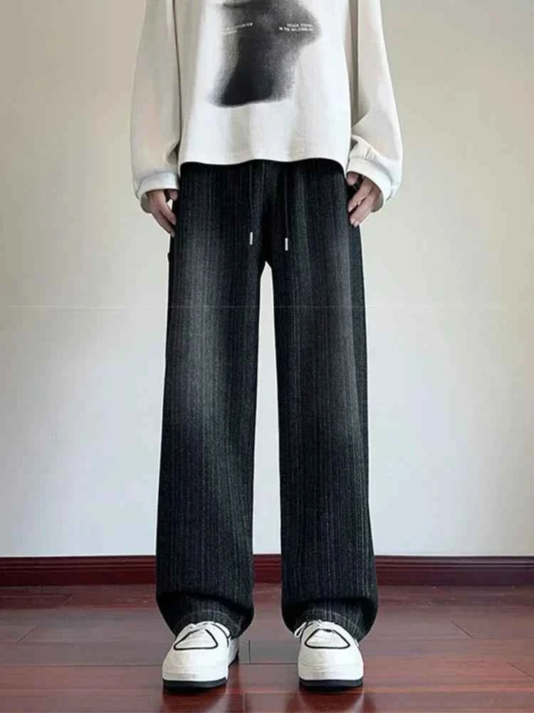 Vintage Distressed Blue Drawstring Straight Jeans