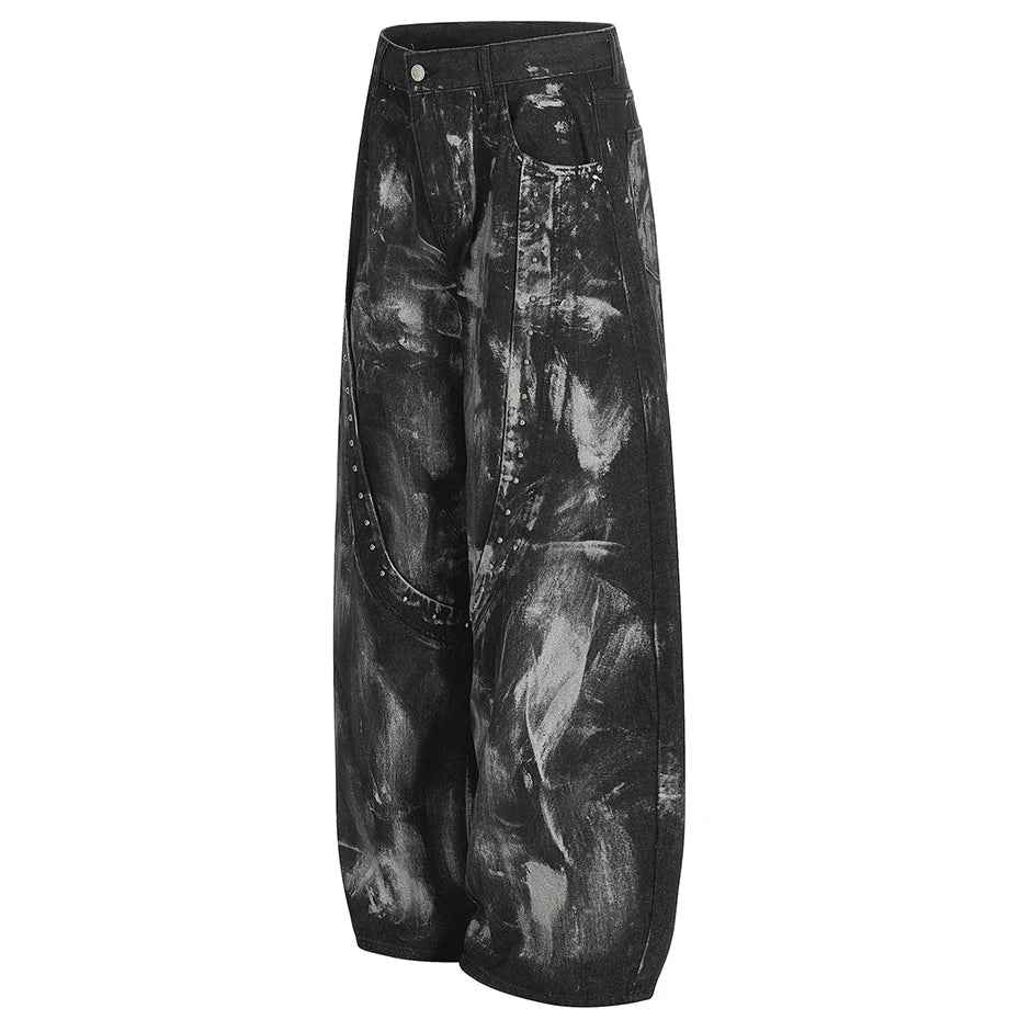 Streetwear Rivet Patchwork Black Wide Leg Jeans