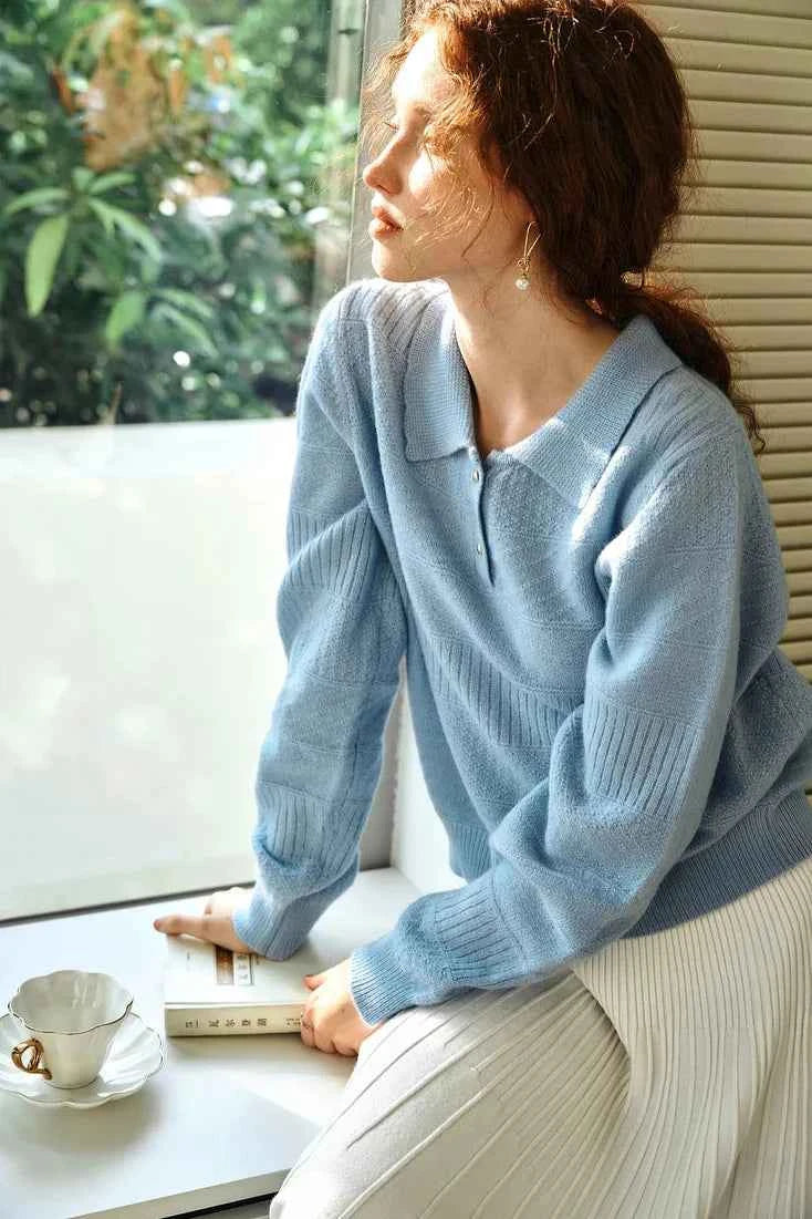 Breathable Blue Knitted Classic Polo Sweater