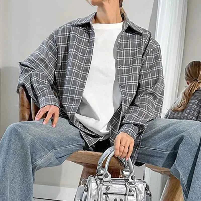 Vintage Elegant Gray Plaid Long Sleeve Shirt