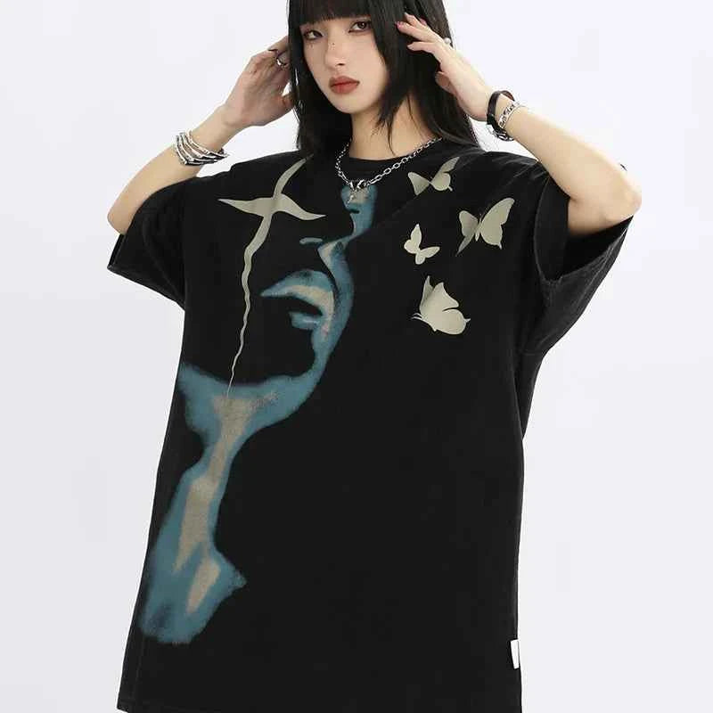Women Retro American Style Oversized Portrait T-Shirt