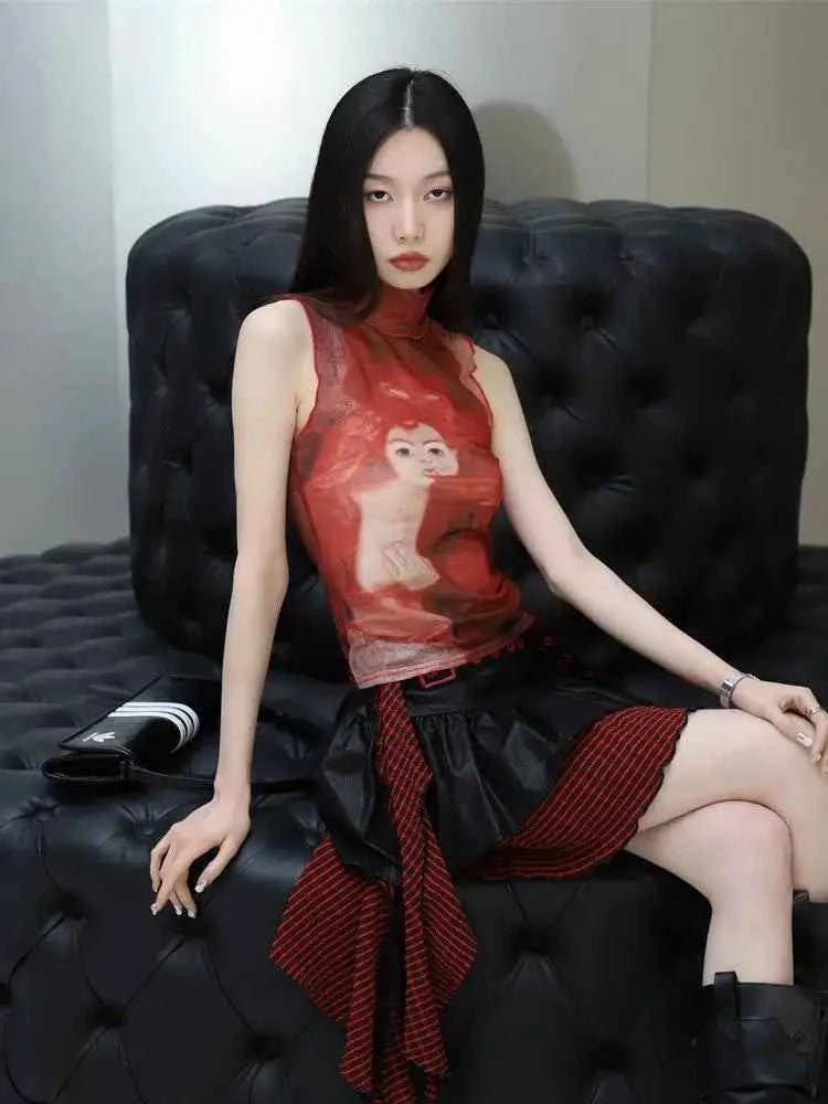 Bold Red Mesh Graphic Tank T-Shirt