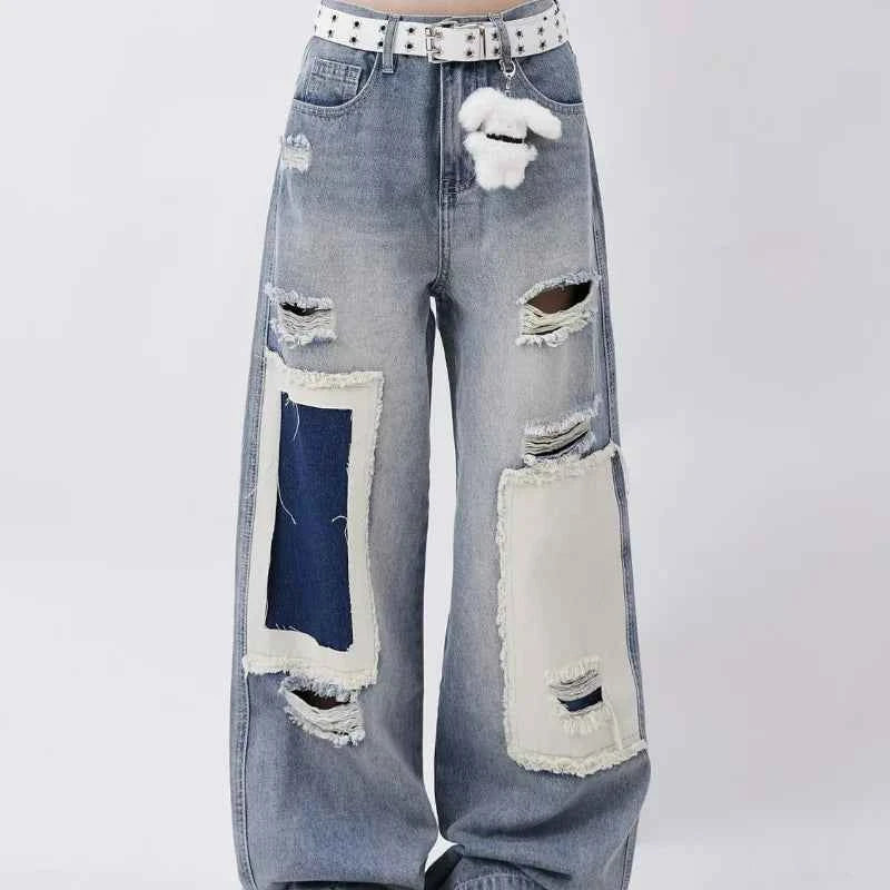 Oversized Patched Hole Jeans High Jeans