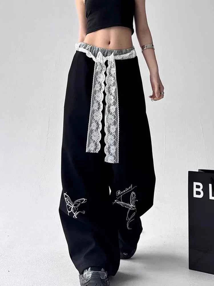 Y2K Vintage Butterfly Cool Lace Patchwork Sweatpants