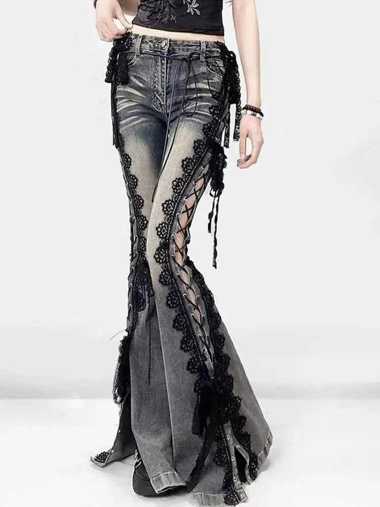 Women Vintage Lace-Up Bell Bottom Jeans
