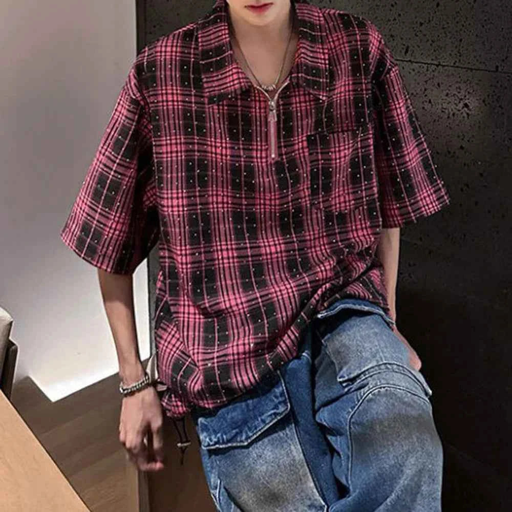 Diamond Plaid Half Zip Casual Shirt