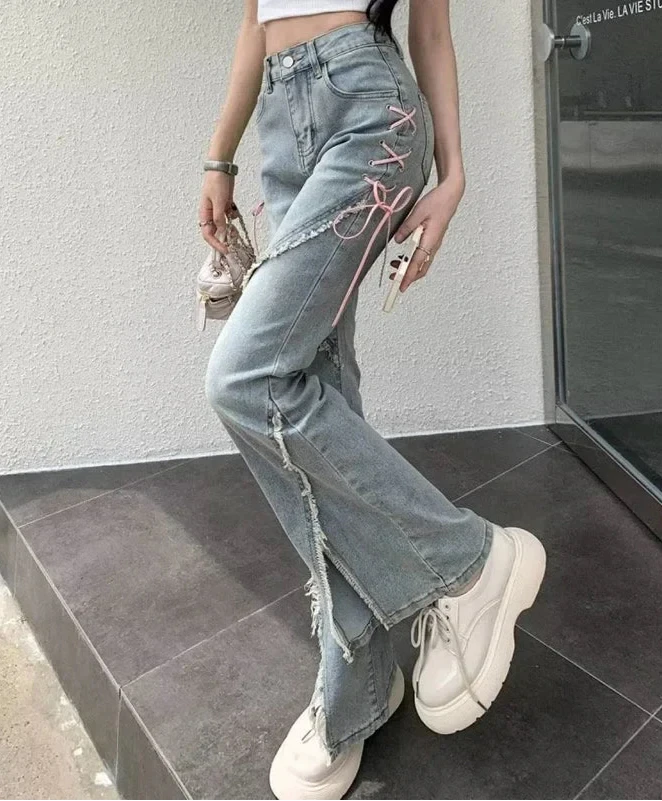 Retro Korean Tassel Split Flared Jeans