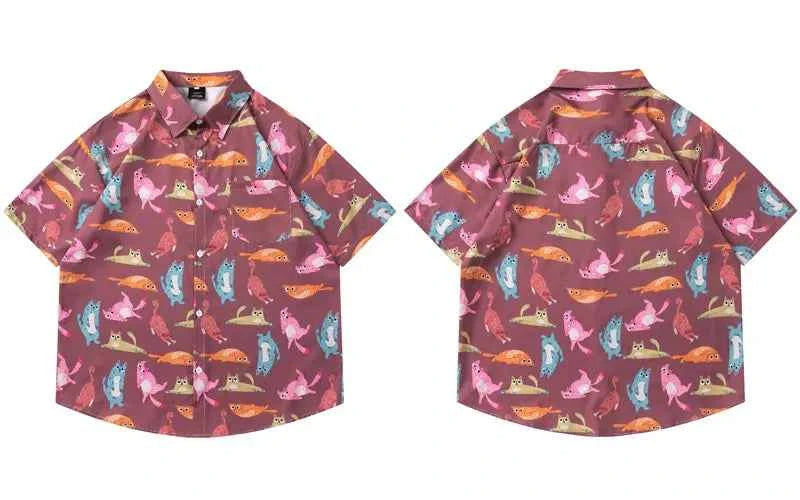 Flattering Funny Cartoon Cat Beach Button Shirt