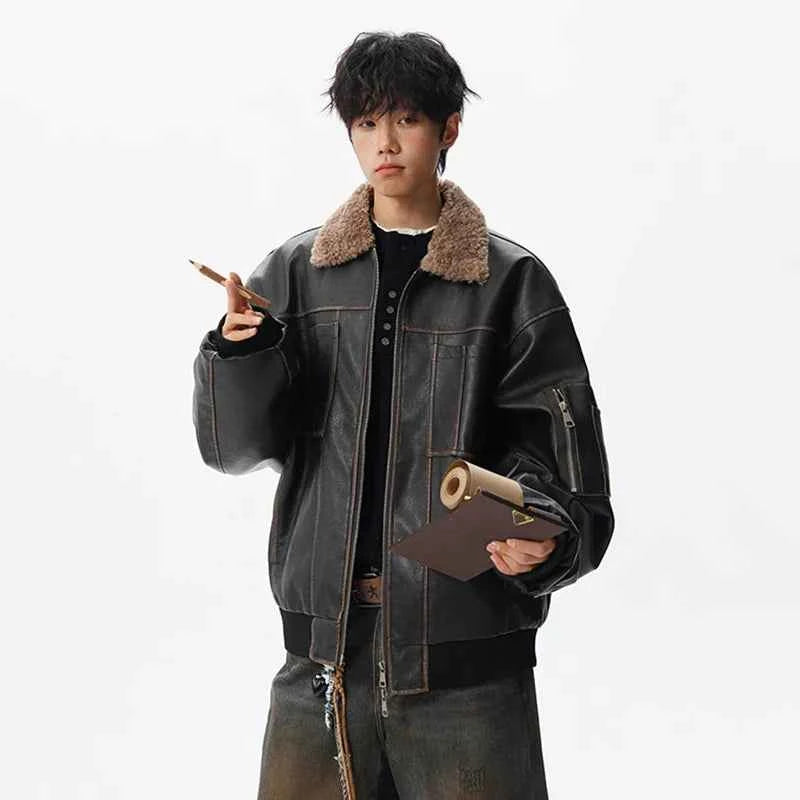 Patchwork Padded Faux Fur Collar Leather Jacket
