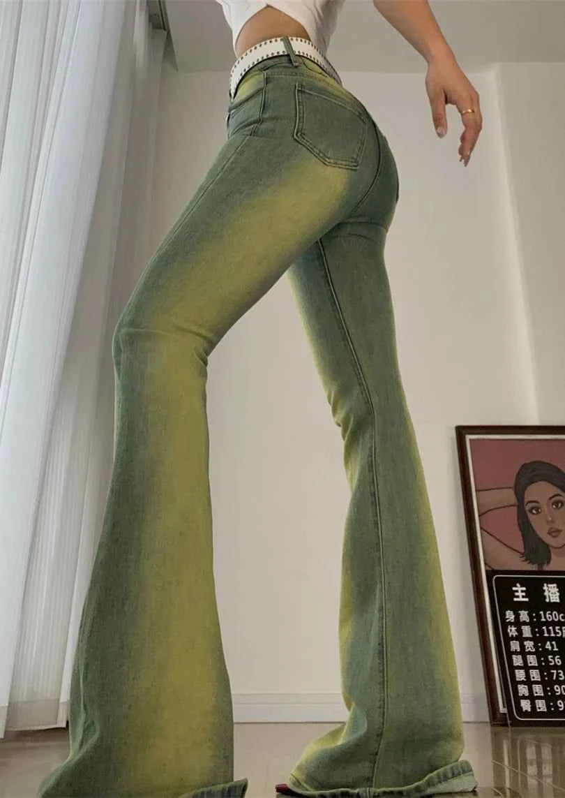 Women Vintage Green High Waist Flared Jeans