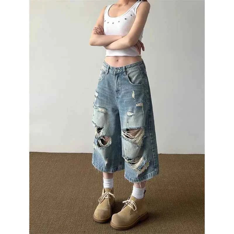 Streetwear Comfort Distressed Wide Leg Denim Jorts