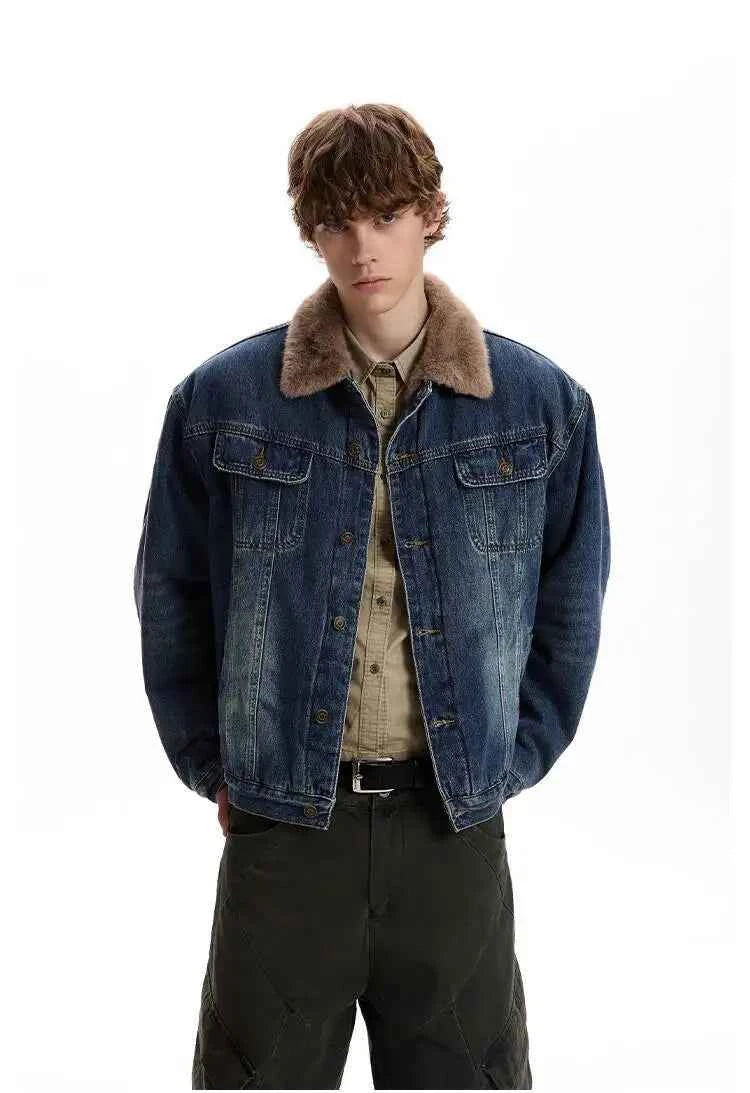 Durable Style Brushed Fur Collar Denim Jacket