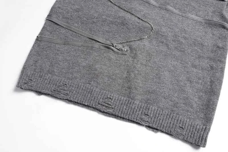 Streetwear Distressed Chain Detail Zipper Knit Sweater