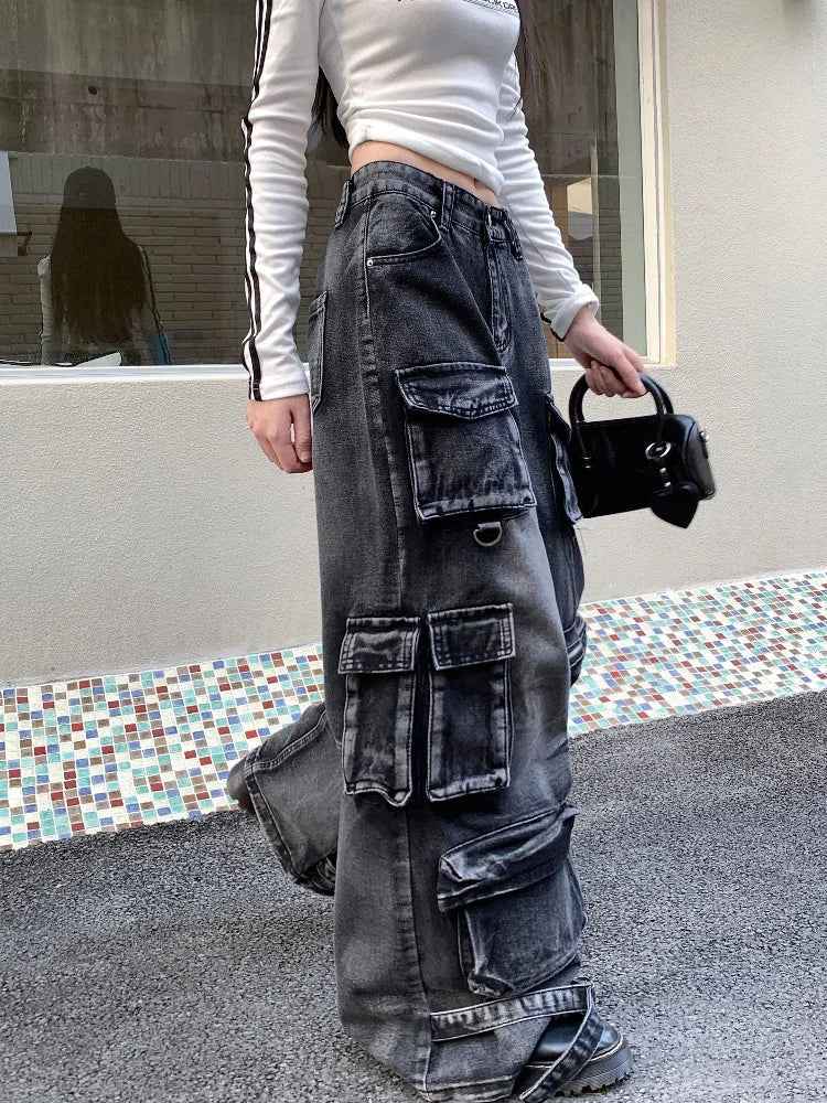Black Washed Streetware Baggy Cargo Jeans