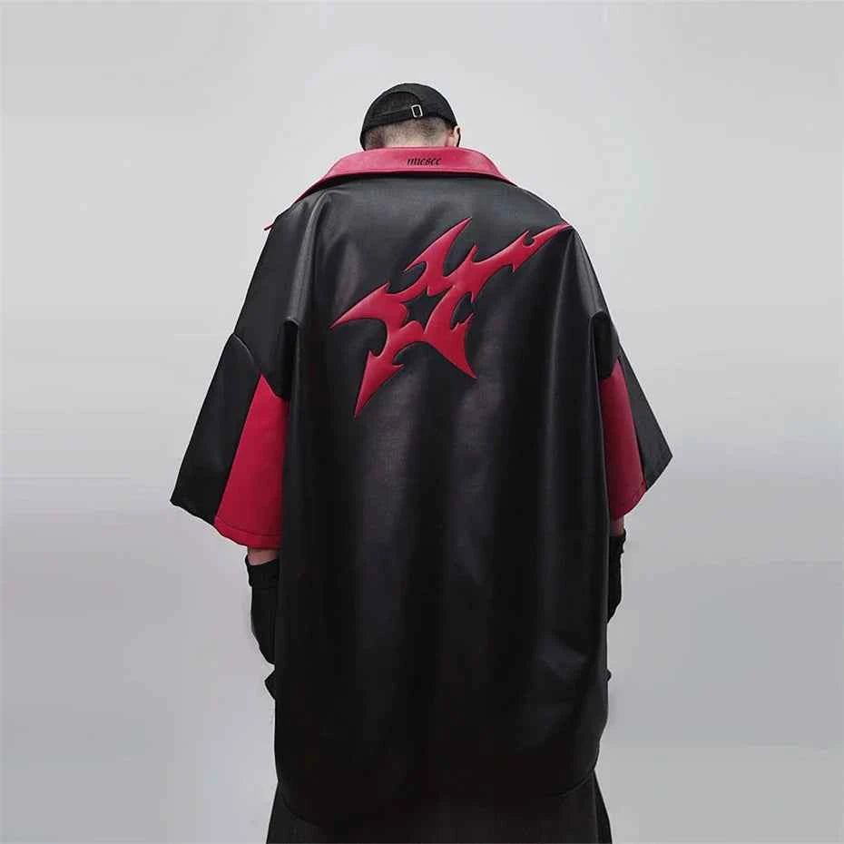 Men's Punk Short Sleeve Zipper Print Leather Jacket