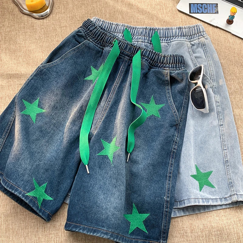 Five-point Star Patchwork Elastic Waist Shorts