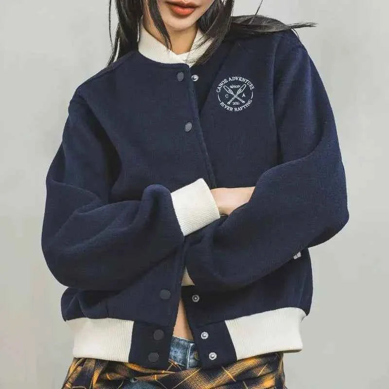 Women Color Blocking Embroidered Baseball Jacket