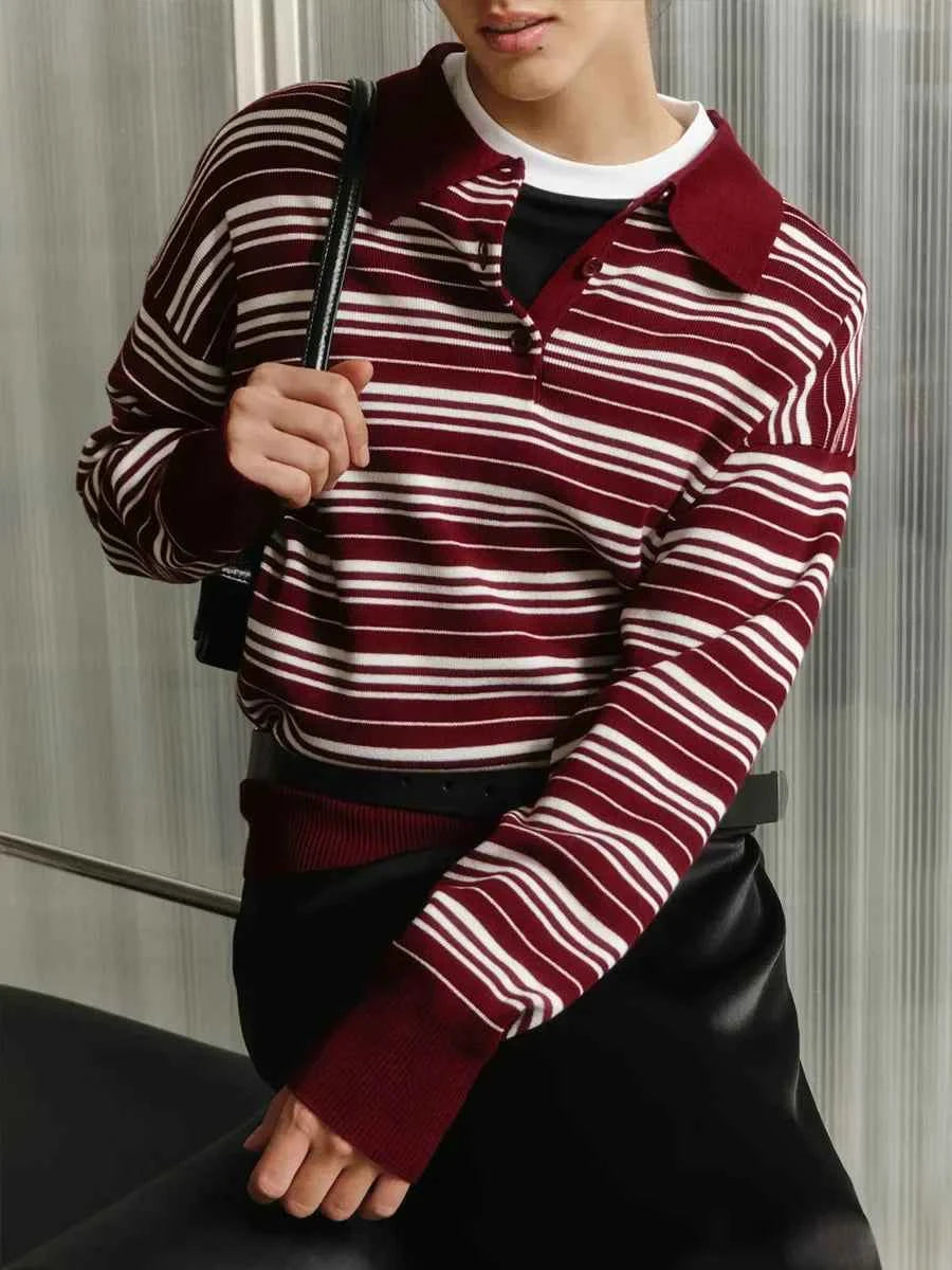 Streetwear Vintage Striped Knitted Polo Collar T-Shirt