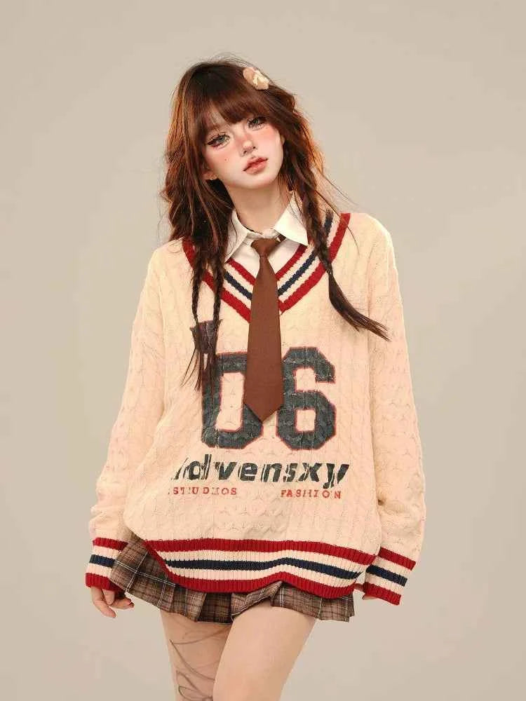 Cozy Vintage Letter Print Oversize Sweater