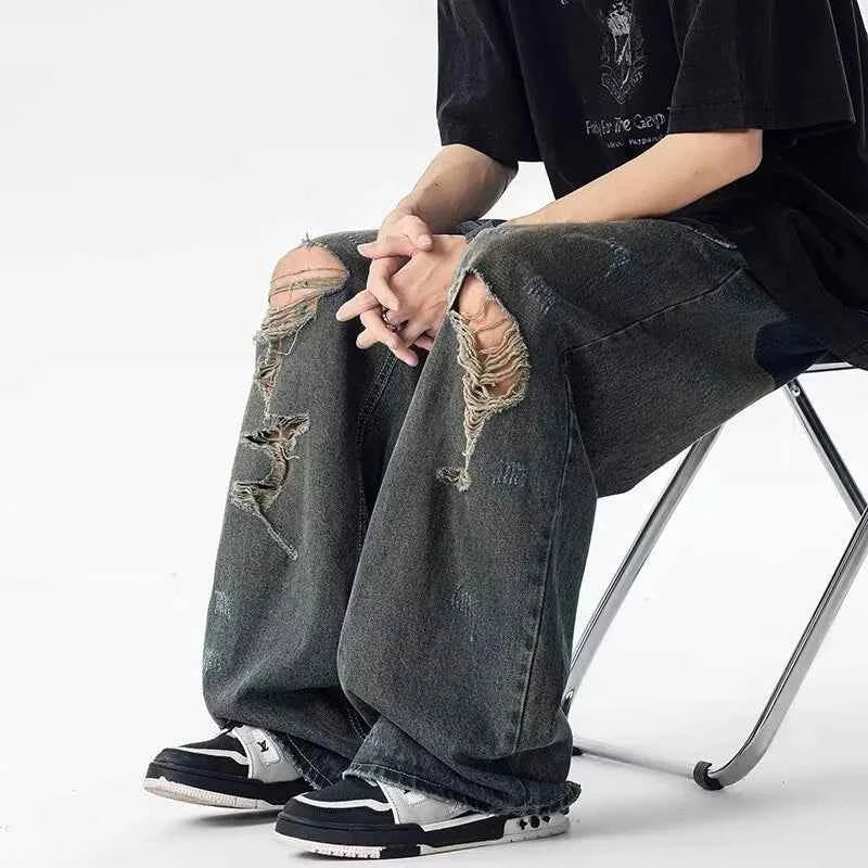 Retro American Ripped Distressed Wide Jeans