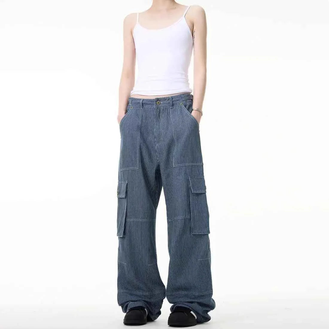 Vintage American Style Striped Cargo Jeans