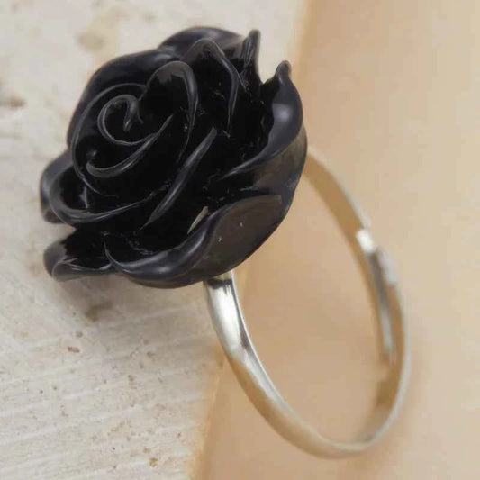 Black Rose Bud Adjustable Ring