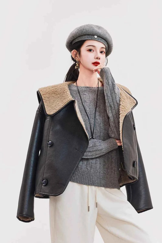 Women Warm Shearling Double Breasted Aviator Leather Jacket