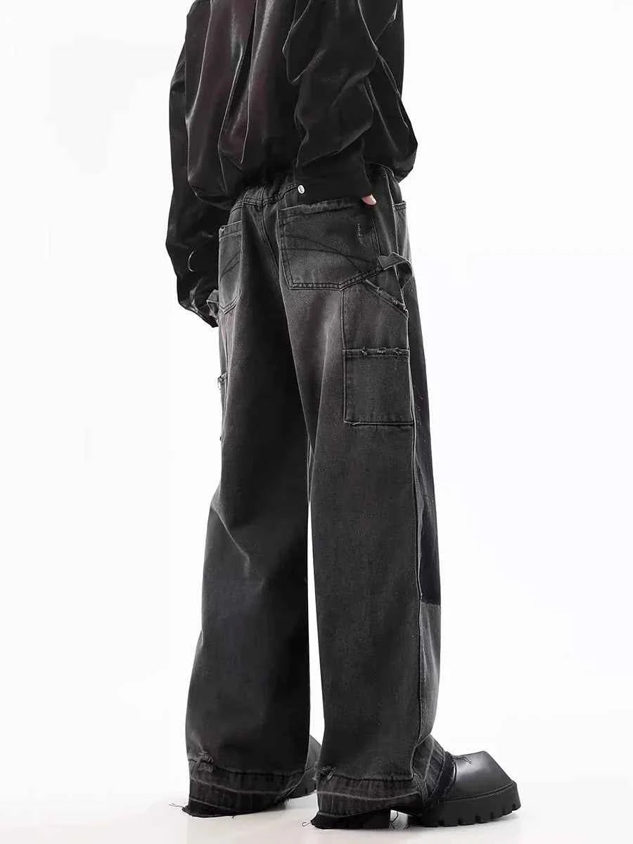 Casual Retro Black Whiskers Baggy Jeans