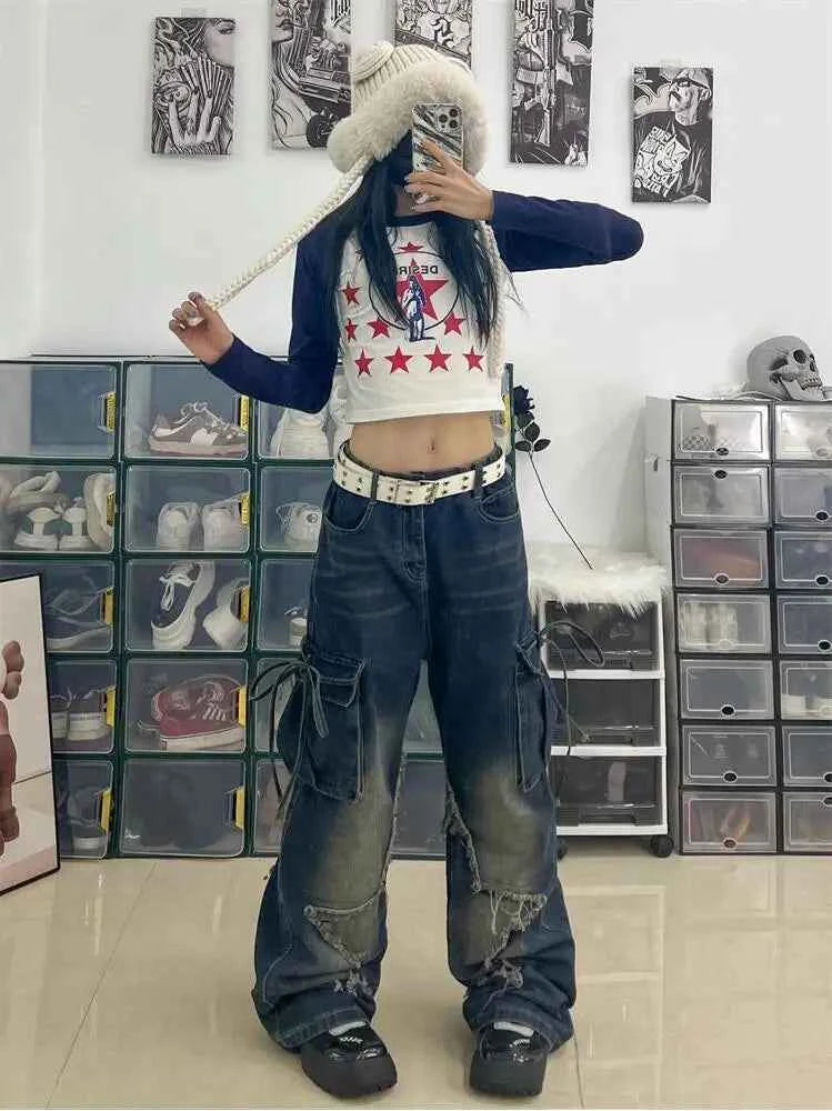 Women Retro Vintage Lace Up High Waist Jeans