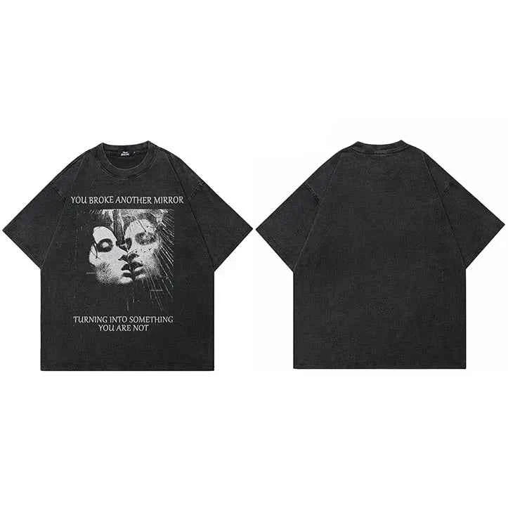 Retro Washed Black Faded Graphic Mirror T-Shirt