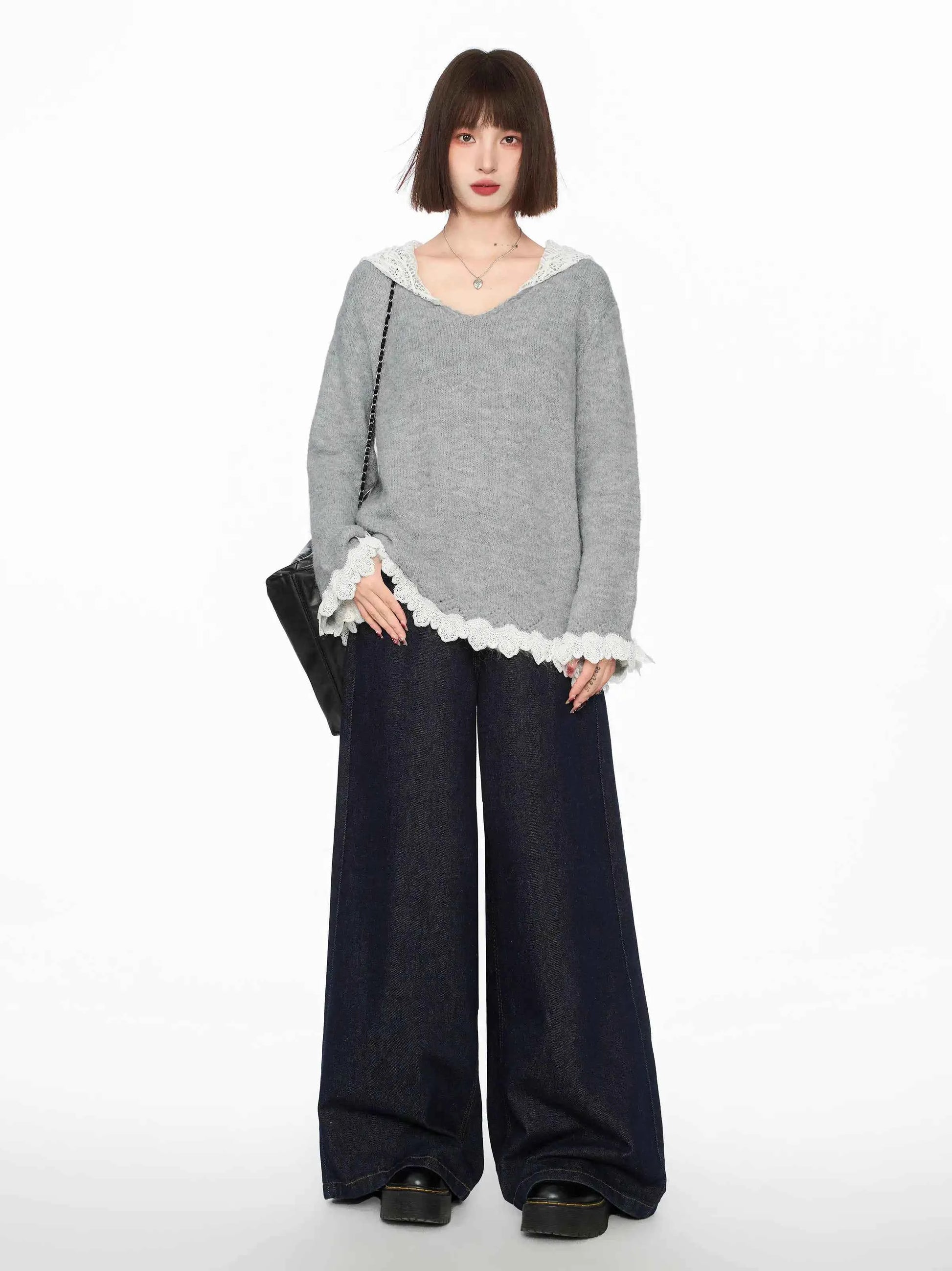 Back to Basics Cozy Lace V Neck Hodded Sweater