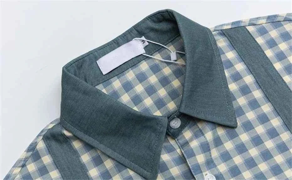 Y2K Plaid Cat Embroidery Casual Short Sleeve Shirt