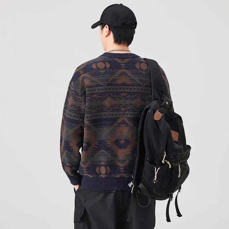 Geometric Pattern Crew Neck Knitted Sweater